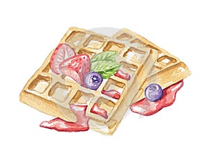 Watercolor composition with Belgian waffles, berries and jam