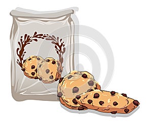 Composition of two chocolate chip cookies near a bag