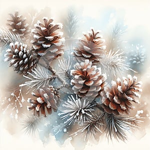 The composition of two pine cones and spruce branches, covered with light frost, creates the atmosphere of a winter