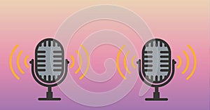 Composition of two vintage microphone icons and yellow soundwaves on soft lilac to yellow background