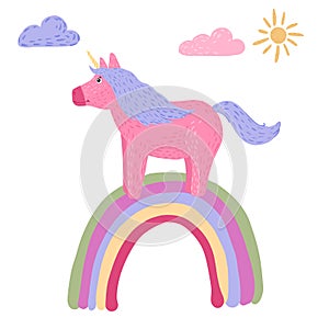 Composition unicorn standing on rainbow on white background. Cartoon cute character unicorn, sun and cloud in doodle