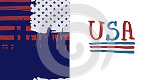 Composition of usa text with american flag and cityscape