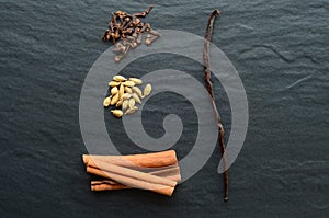 Composition of vanilla stick, cinnamon, cloves and cardamon