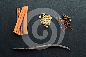 Composition of vanilla stick, cinnamon, cloves and cardamon