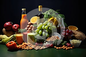Composition with variety of healthy products on dark background. Balanced diet, Composition with food products rich in niacin, AI