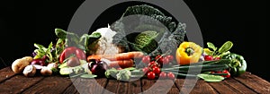 Composition with variety of raw organic vegetables and fruits. Balanced diet