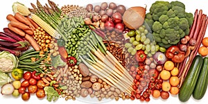 Composition with variety of raw organic vegetables and legumes, isolated on white.