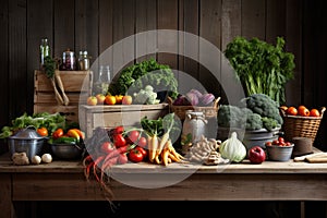 Composition with variety of raw organic vegetables on wooden table in kitchen, Fruits and vegetables on a wooden table in a rustic