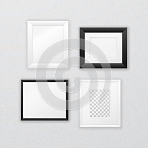 Composition of various black and white frames hanging on the wall. Rectangular frame template with empty space