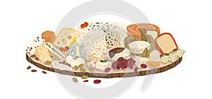 Composition of various cheeses on plate vector illustration. Collection of lactic product on rustic wooden board photo