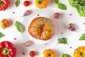 Composition of various colorful organic vegetables, herbs and spices on white background, Vegan food. top view