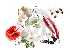 Composition with various spices on white background