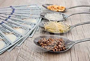 Composition with various types of legumes and cereals in spoons on a wooden table. Organic grains and dollars. The concept of the