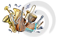 Composition of variouse musical instruments and symbol watercolor illustration isolated