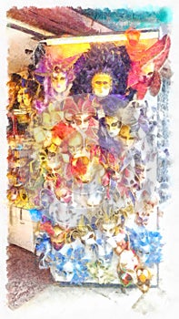 Composition of venice carnival masks, Computer painting.