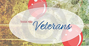 Composition of veterans day thank you text and red balloons, over male soldier jumping fence