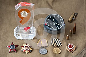 Composition of Victory Day. orders, medals, live ammunition, aviation onboard watch. May 9