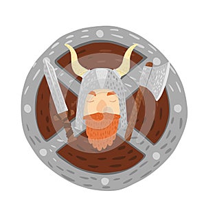 Composition vikings in helmet with shield, sword and axe on white background. Cartoon cute in doodle style