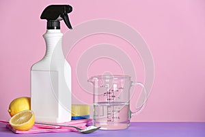 Composition with vinegar and cleaning supplies on table.