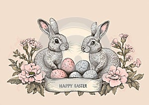 A composition of vintage Easter bunnies and willow eggs