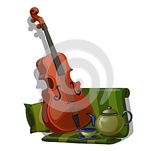 Composition of violin, green striped fabric and tea set isolated on white background. Vector cartoon close-up