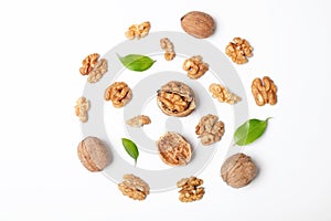Composition with walnuts on white background