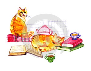 Composition with watercolor cats, books and tea on white background. Watercolor pencils illustration