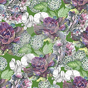 Composition from watercolor flowers with cabbage. Illustration for decor.