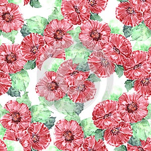 Composition of watercolor red flowers with leaves. Illustration for decor.