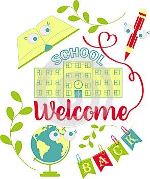 Composition welcome back to school typography isolated on a transparent background with funny globe book pencil plants