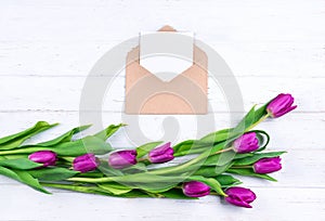 Composition of white blank card in opened craft envelope decorated with fresh beautiful purple tulips on white wooden background.