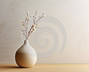 Composition of white ceramic vase with bouquet of dry spikelets, golden photo frame with dried flower, candles on wooden