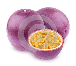 Composition with whole and cutted passion fruits isolated on white background. As design element.