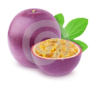 Composition with whole and cutted passion fruits with leaves isolated on white background. As design element.