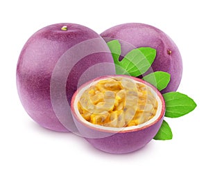 Composition with whole and cutted passion fruits with leaves isolated on white background. As design element.