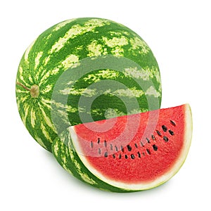 Composition with whole ripe watermelon and slice isolated on white background. As design elements.