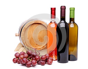 Composition of wine, wooden barrel and grape