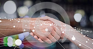 Composition of women shaking hands with network of connections