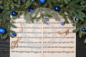 Composition with wooden music notes and decorations