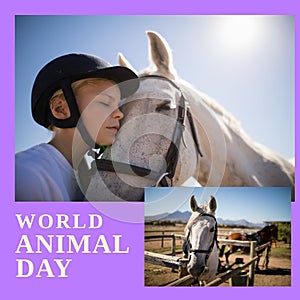 Composition of world animal day text over caucasian girl embracing horse on purple background