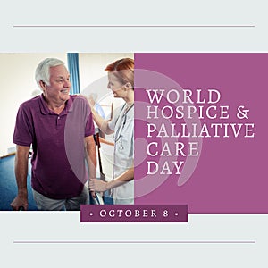 Composition of world hospice and palliative care day text over caucasian doctor talking with patient