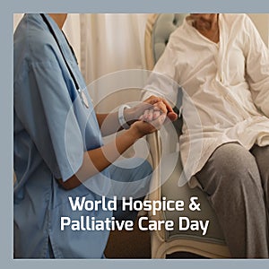 Composition of world hospice and palliative care day text over doctor with patient holding hands