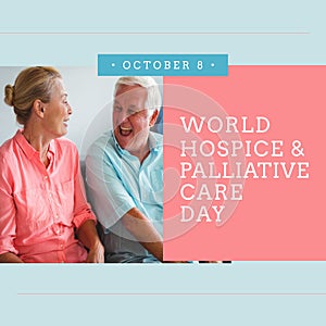 Composition of world hospice and palliative care day text over senior caucasian couple smiling