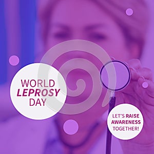 Composition of world leprosy day text with female doctor with stethoscope and purple background