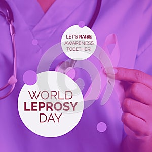 Composition of world leprosy day text with female doctor with stethoscope and purple ribbon