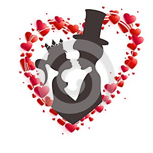 Composition with a wreath of red hearts and a dark silhouette of a boy in a hat and a girl in a crown