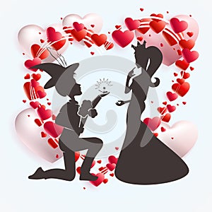 Composition with a wreath of red hearts and a dark silhouette of a guy in a hat and a girl in a crown