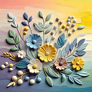 composition yellow, blue flowers with different background colors and leaves