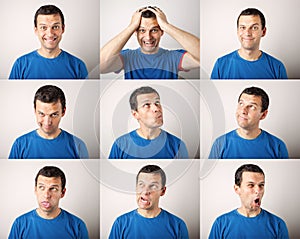 Composition of young man expressing different emotions