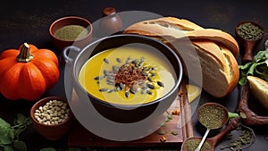 Compositon with autumn classic food. Tasty homemade pumpkin soup decorated with black seed